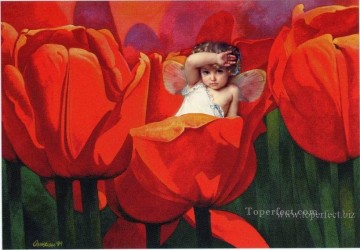 Original Fairy Angel Painting - Little fairy in red flowers fairy original